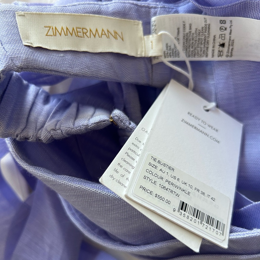 NWT Zimmermann Bow Tie Straps Linen & Silk Bustier Crop Top in Periwinkle 1 US6 - Picture 10 of 17